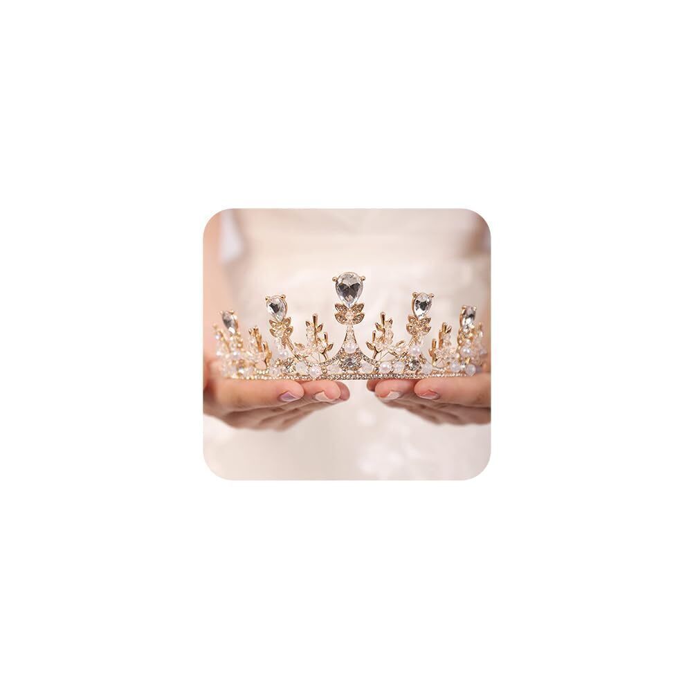 6683 Queen Tiaras Crystal Pearl Crown Gold Flower Leaves Baroque Wedding